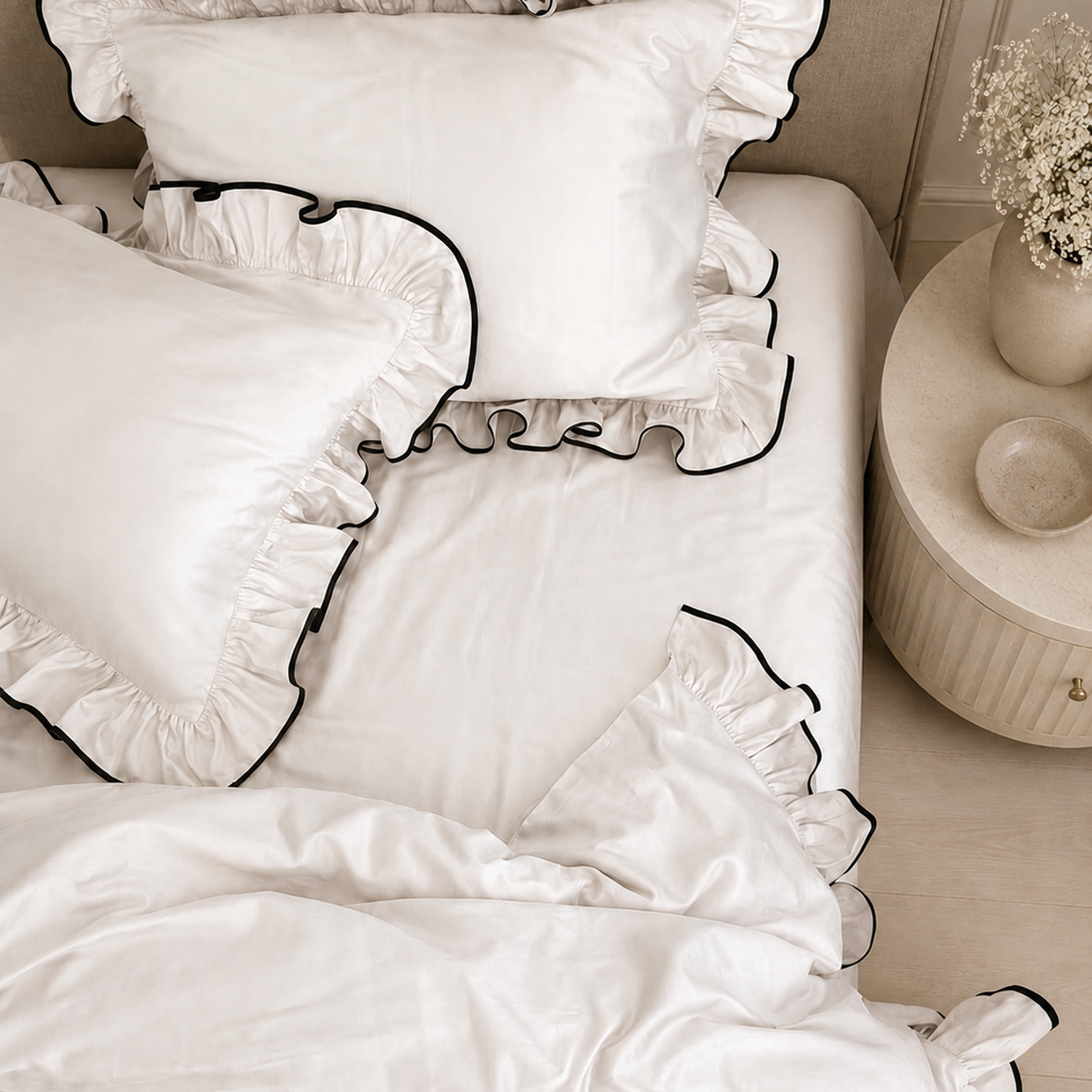 Luxelinen Royal Ruffle Cotton Sheet Set with Contrast Piping – 5 Pieces