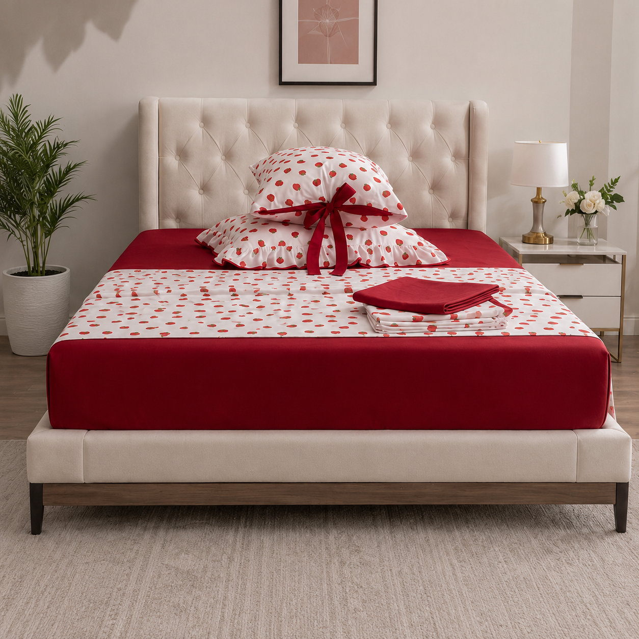 Luxelinen Strawberry Charm 5-Piece Cotton-Feel Sheet Set with Bow & Ruffle Details