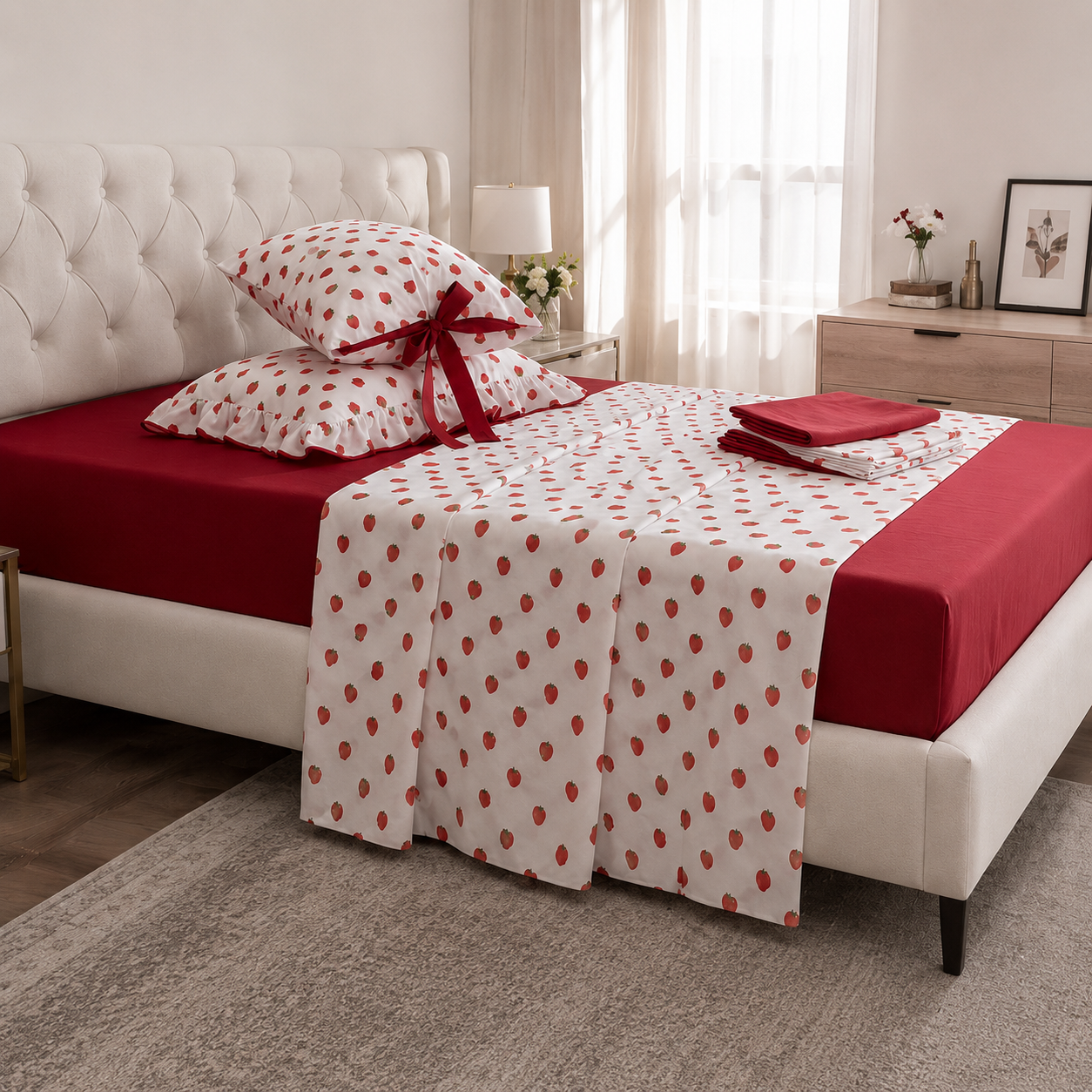 Luxelinen Strawberry Charm 5-Piece Cotton-Feel Sheet Set with Bow & Ruffle Details