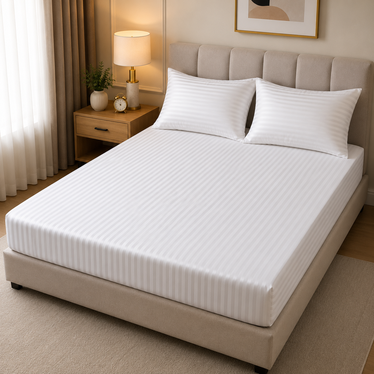 Luxelinen Striped Hotel Fitted Sheet – Cotton Satin
