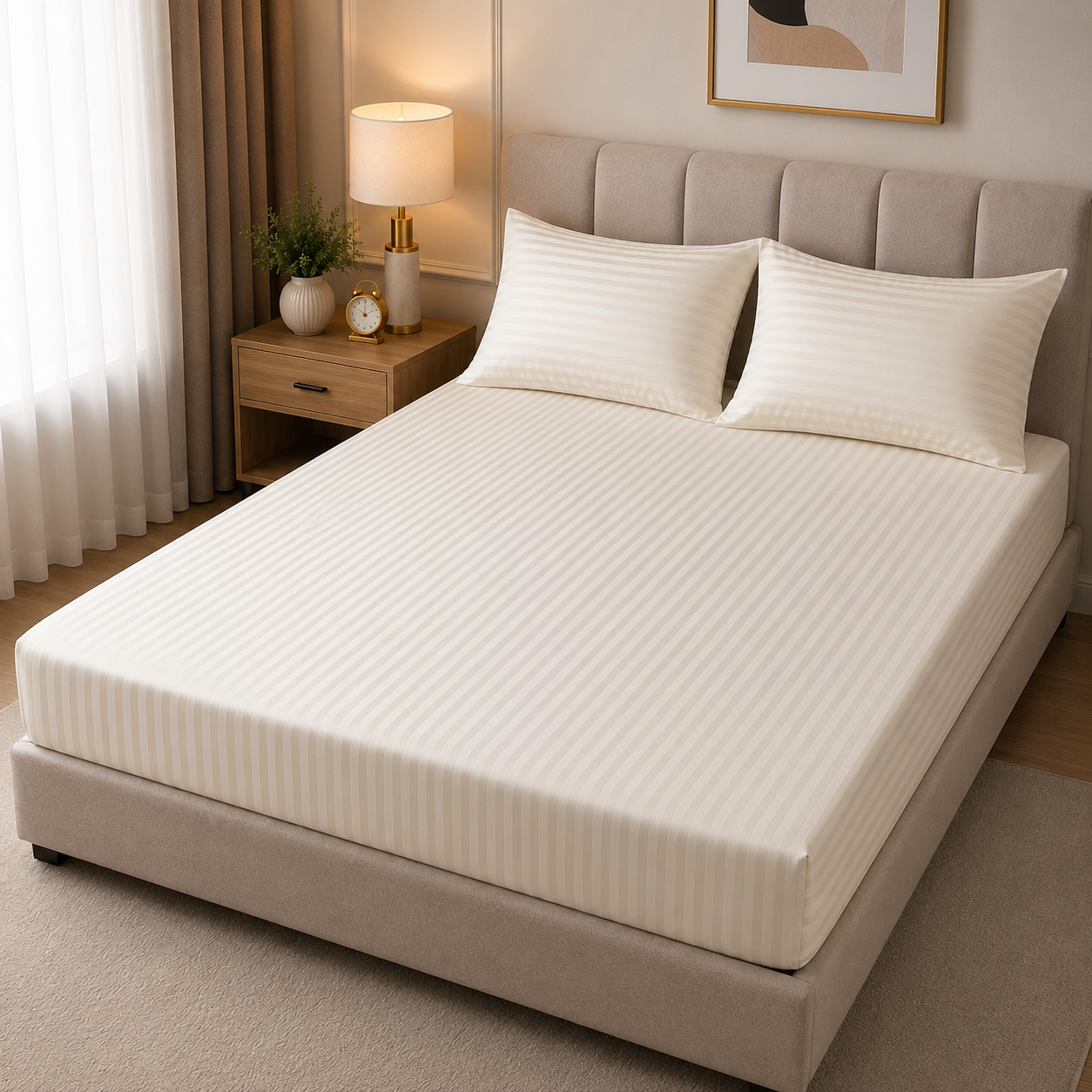 Luxelinen Striped Hotel Fitted Sheet – Cotton Satin