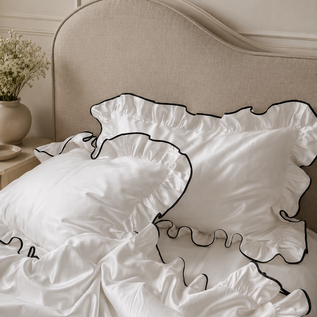 Luxelinen Royal Ruffle Cotton Sheet Set with Contrast Piping – 5 Pieces